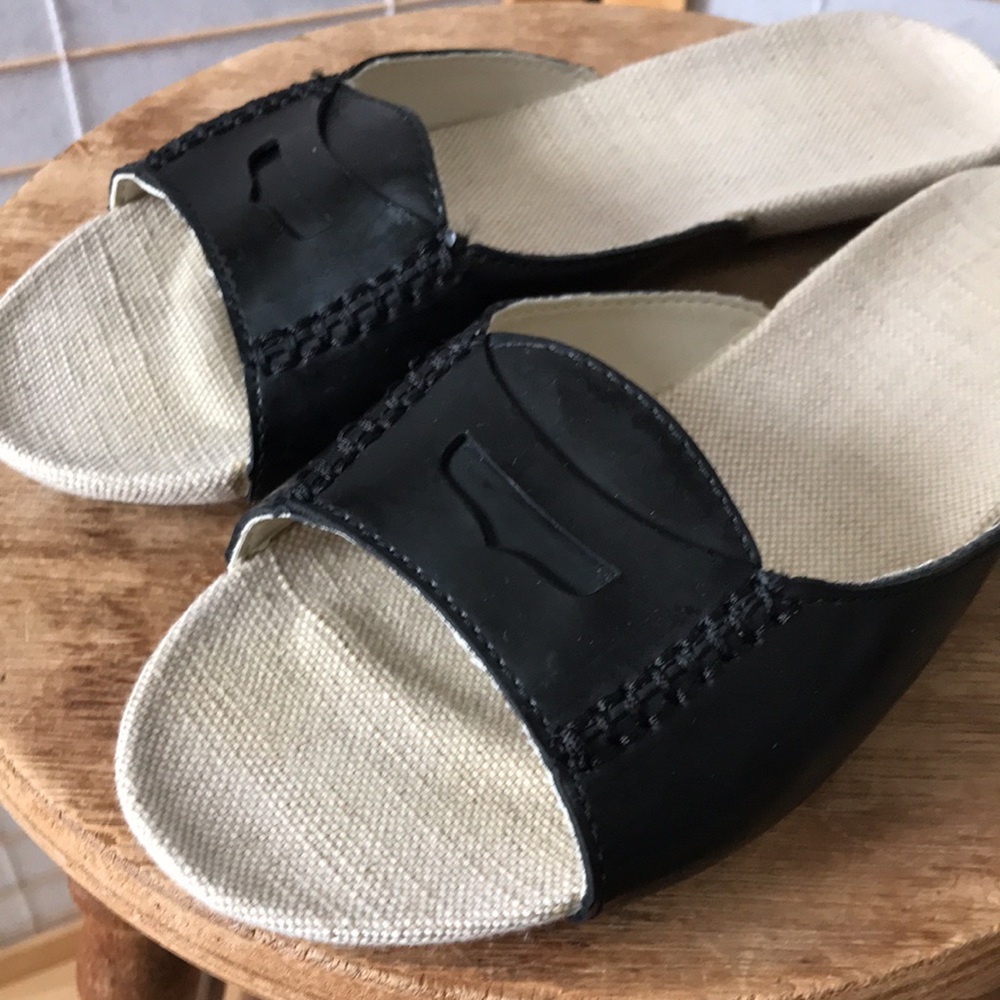 Lands End mules sz 7 black leather canvas footbed rubber sole loafer look Summer - Picture 6 of 10